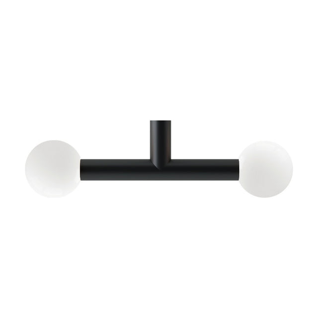 Rigoberta Trio Opal Glass Globe Pendant Light in matt black, T-shaped iron bar with two white opal glass globes, shown on a plain white background.