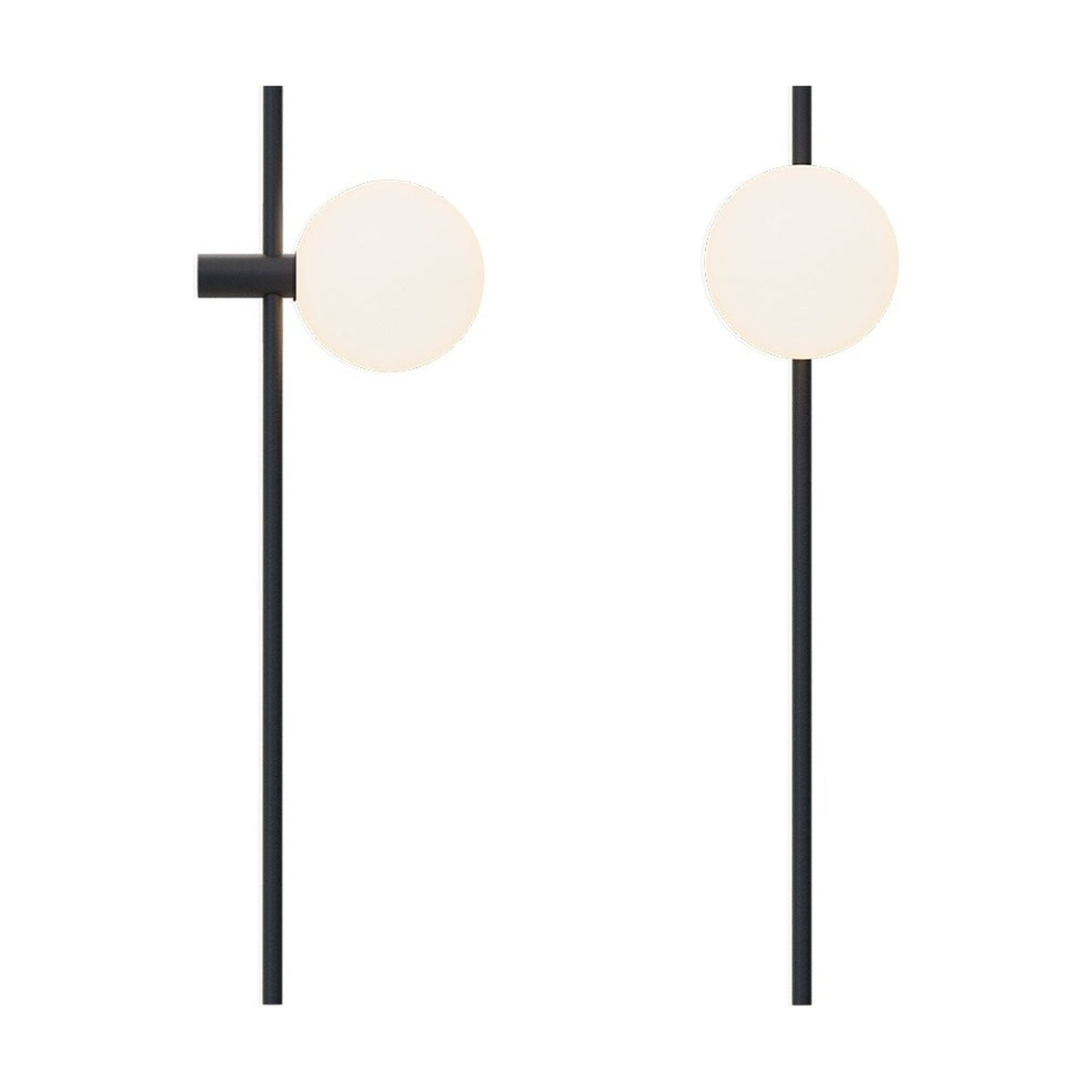 Roxanne North Opal Glass Globe Pendant Light in matt black, shown with and without a side counterweight rod, slim iron stem and single opal glass globe, on a plain white background.