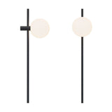 Roxanne North Opal Glass Globe Pendant Light in matt black, shown with and without a side counterweight rod, slim iron stem and single opal glass globe, on a plain white background.