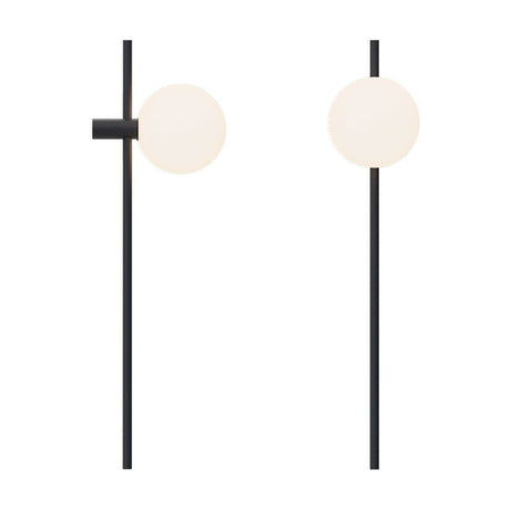 Roxanne North Opal Glass Globe Pendant Light in matt black, shown with and without a side counterweight rod, slim iron stem and single opal glass globe, on a plain white background.