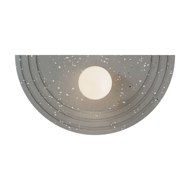 Regina Globe Wall Light with Terrazzo Structure in Terrazzo Grey, a half-moon fixture with concentric ringed grey terrazzo detailing and a single opal glass globe shade, shown on a white background.