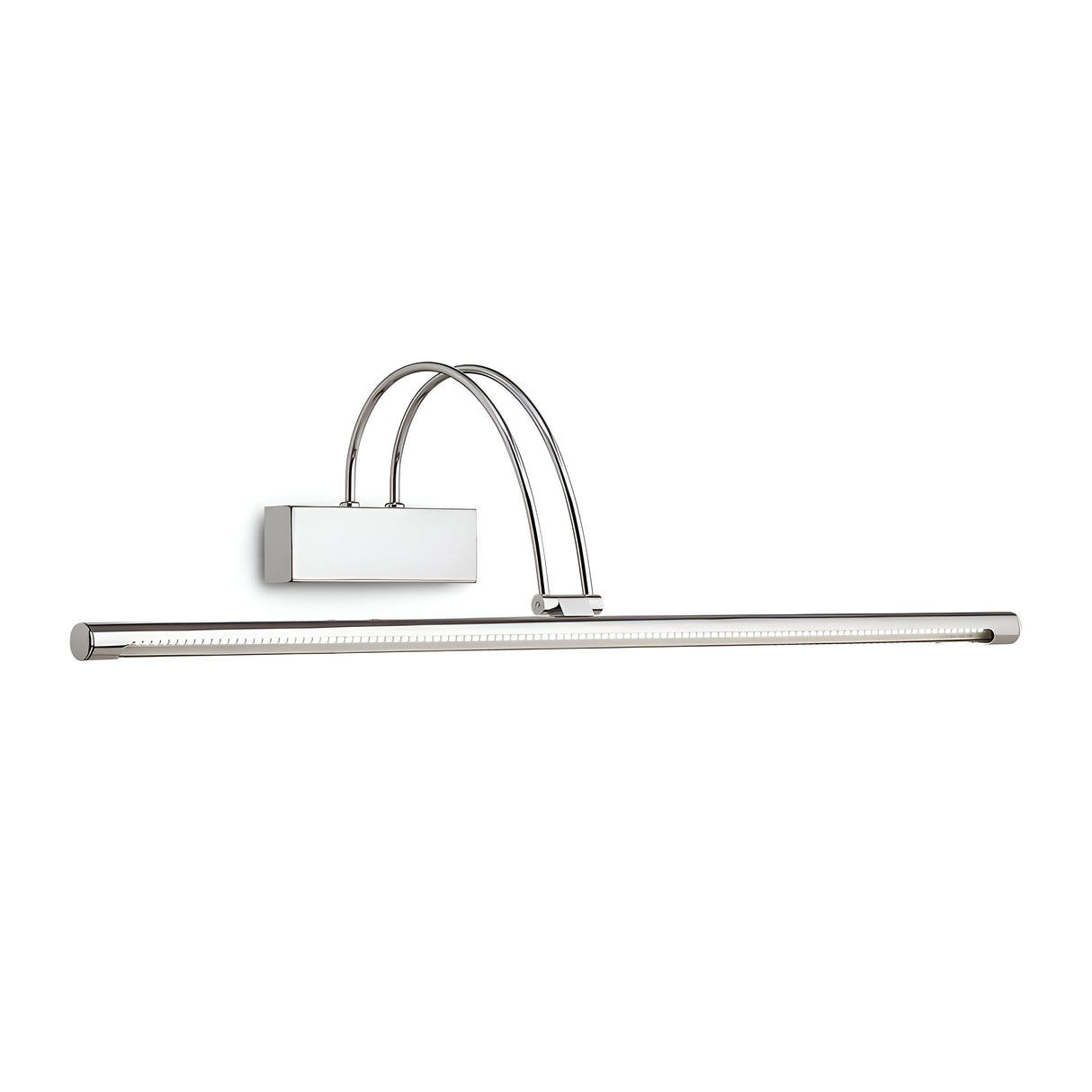 The Felix LED Picture Light 8W 3000K in silver, measuring 76cm, provides a sleek and modern solution for energy-efficient art illumination. Its design includes a curved arm and a rectangular base that supports a horizontal light bar, ideal for showcasing artwork beautifully.