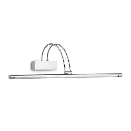 The Felix LED Picture Light 8W 3000K in silver, measuring 76cm, provides a sleek and modern solution for energy-efficient art illumination. Its design includes a curved arm and a rectangular base that supports a horizontal light bar, ideal for showcasing artwork beautifully.