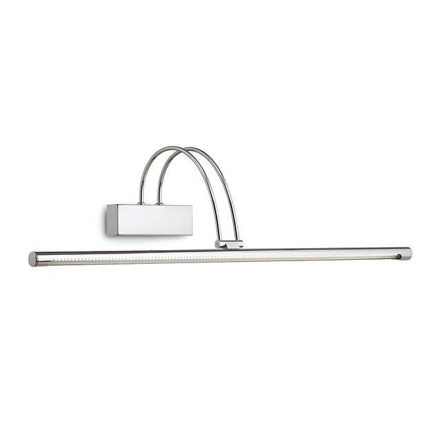 The Felix LED Picture Light 8W 3000K in silver, measuring 76cm, provides a sleek and modern solution for energy-efficient art illumination. Its design includes a curved arm and a rectangular base that supports a horizontal light bar, ideal for showcasing artwork beautifully.