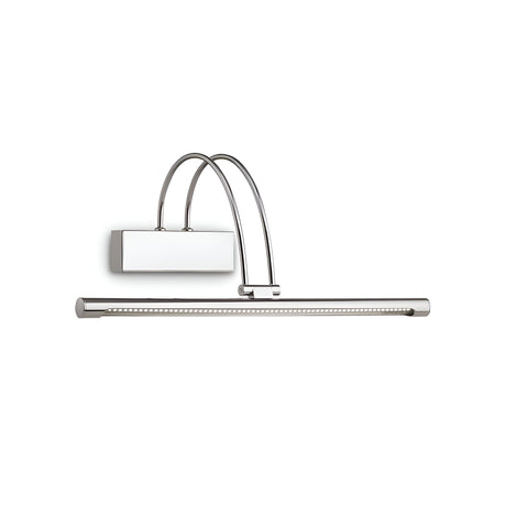 The Felix LED Picture Light 4.5W 3000K - Silver, 46cm features a rectangular wall mount and curved dual arms that provide energy-efficient lighting for art. Its sleek, elongated bar design is perfect for highlighting artwork or photos with a modern and minimalist style.