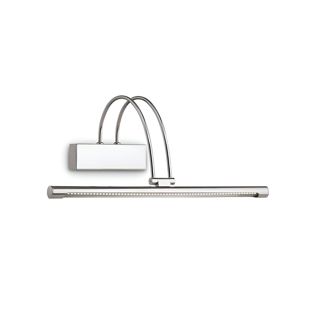The Felix LED Picture Light 4.5W 3000K - Silver, 46cm features a rectangular wall mount and curved dual arms that provide energy-efficient lighting for art. Its sleek, elongated bar design is perfect for highlighting artwork or photos with a modern and minimalist style.