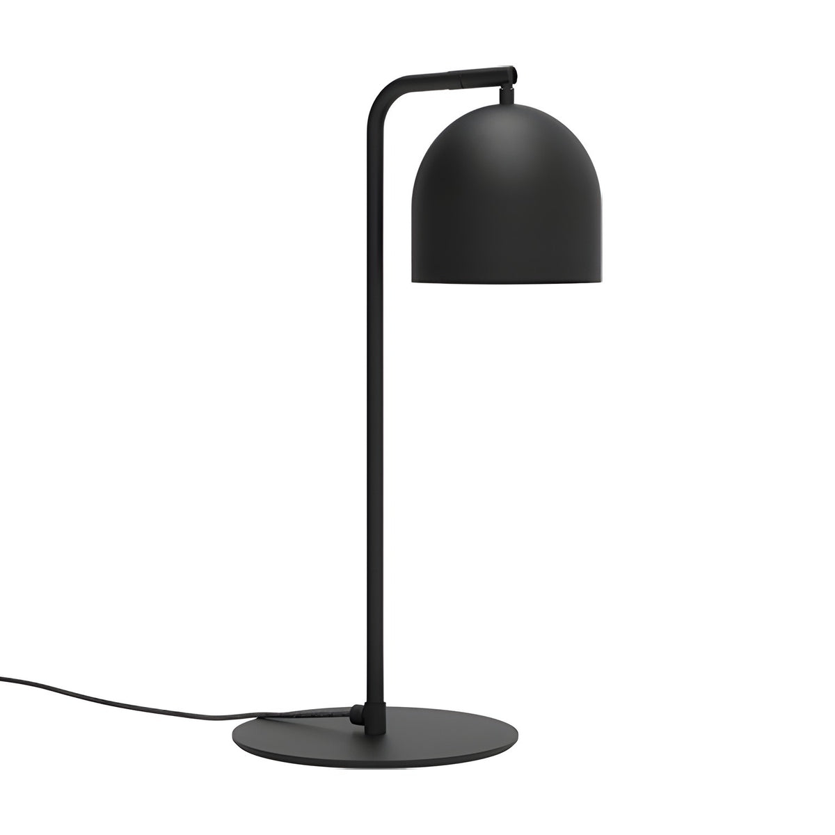 Rio Articulated Dome Adjustable Table Lamp in matt black, featuring a slim iron stem on a round base with a hooked arm holding a dome shade, shown on a plain white background.