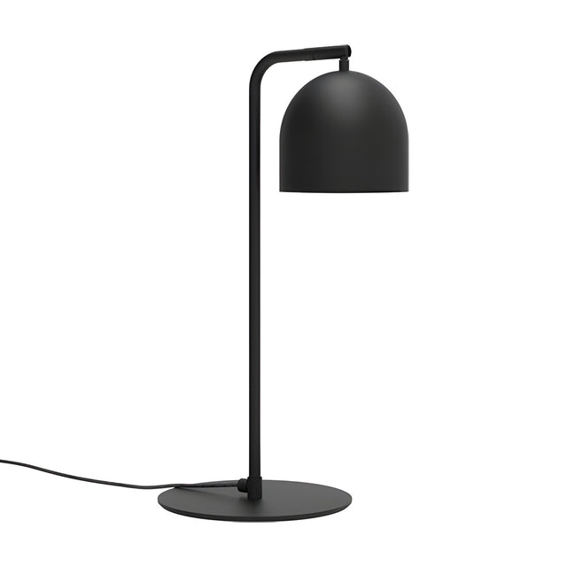 Rio Articulated Dome Adjustable Table Lamp in matt black, featuring a slim iron stem on a round base with a hooked arm holding a dome shade, shown on a plain white background.