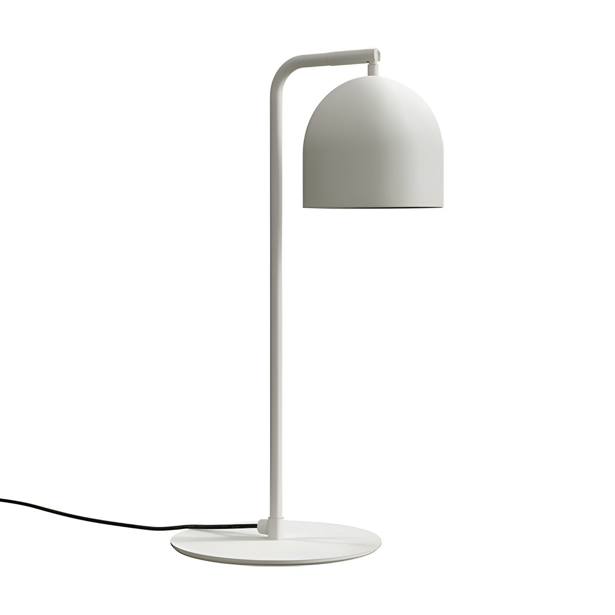 Rio Articulated Dome Adjustable Table Lamp in matt white, with a slim bent iron arm, round flat base, and small dome shade, shown on a plain white background.