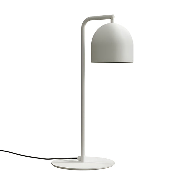 Rio Articulated Dome Adjustable Table Lamp in matt white, with a slim bent iron arm, round flat base, and small dome shade, shown on a plain white background.