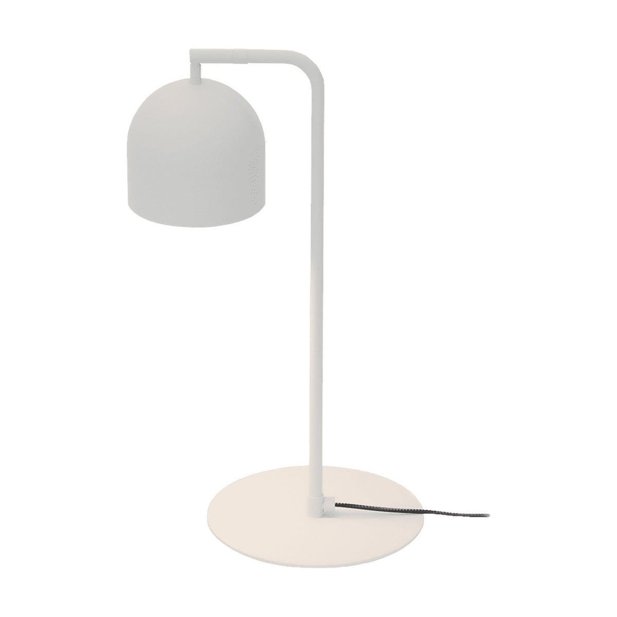 Rio Articulated Dome Adjustable Table Lamp in matt white, with a small dome shade on a bent iron arm and round flat base, shown on a plain white background.
