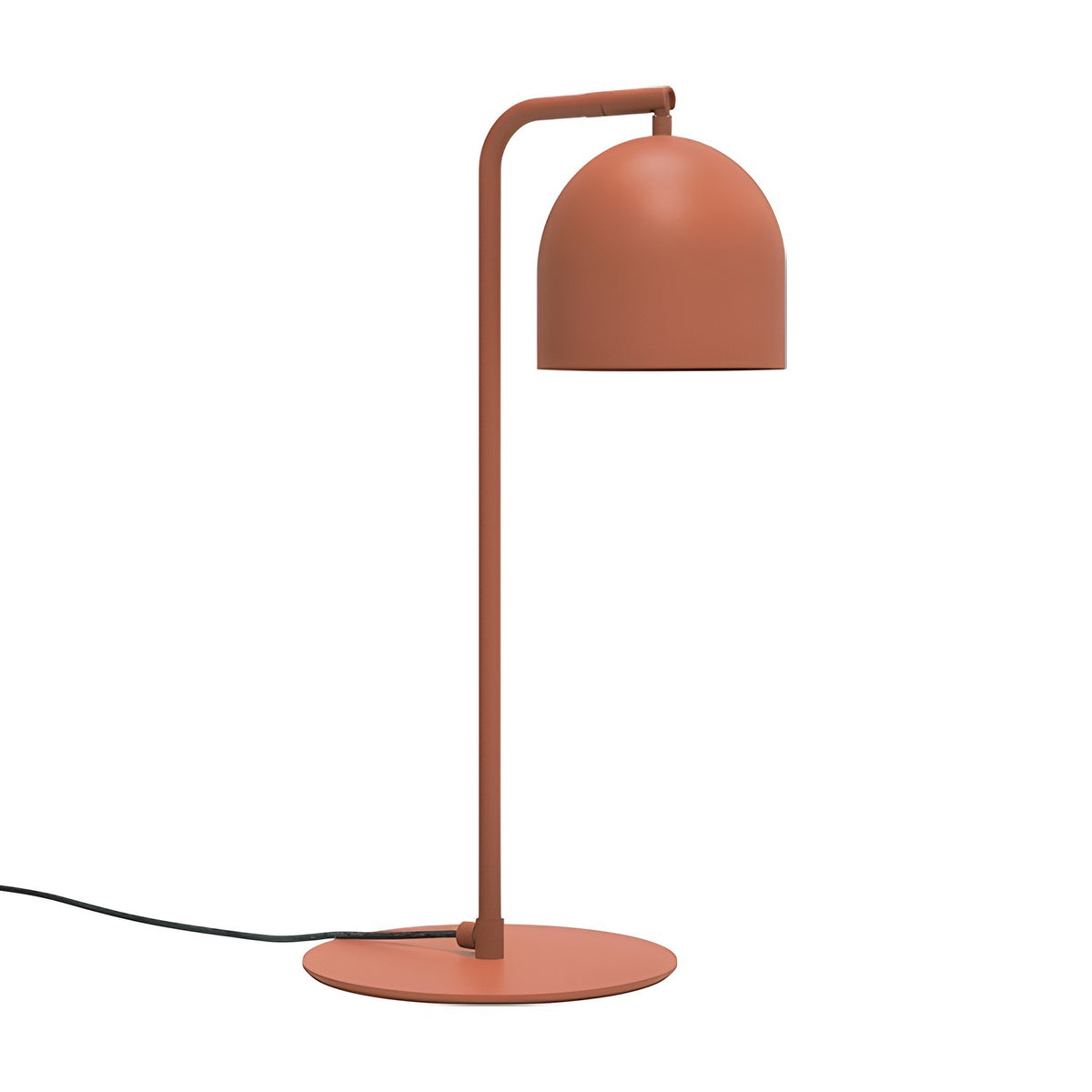 Rio Articulated Dome Adjustable Table Lamp in red, featuring an iron hooked upright arm, dome shade, and round flat base, shown against a plain white background.