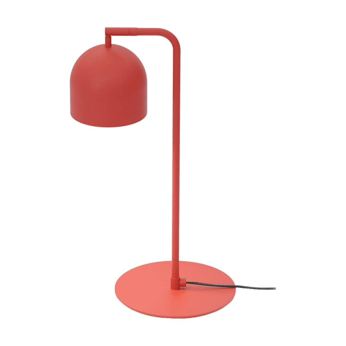 Rio Articulated Dome Adjustable Table Lamp in red, iron construction with a dome shade on a hooked upright and flat round base, textile cable, shown on a plain white background.