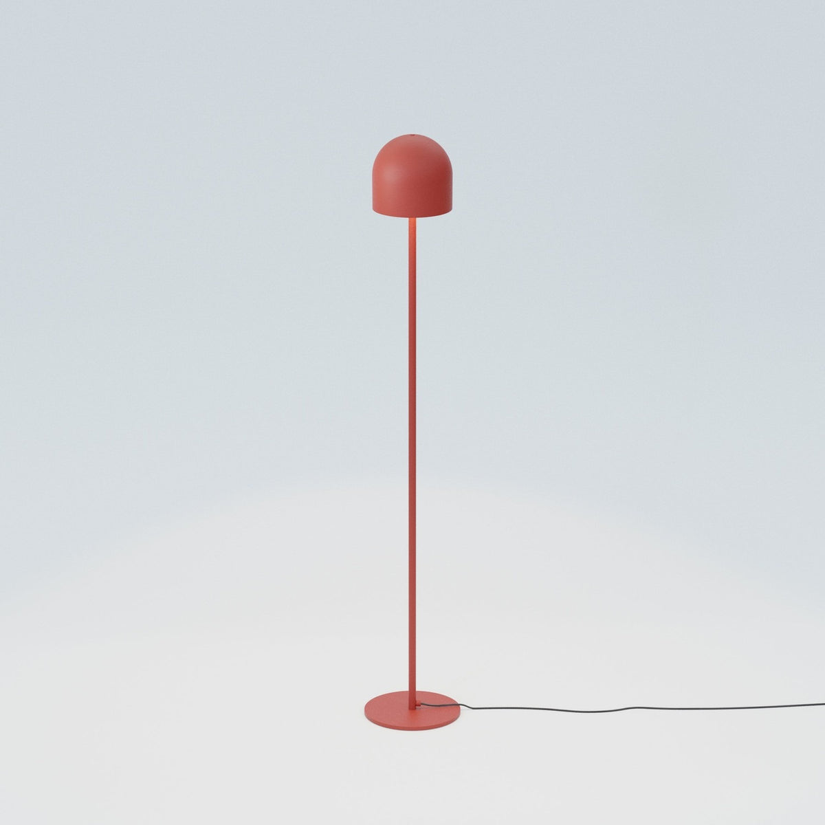 Rio 2 Light Dome Floor Lamp in red, featuring a rounded dome shade on a slim straight iron stem with a flat round base, set against a plain light background.