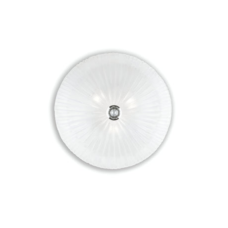 The Sapphire 3 Light Ceiling - Clear is a circular ceiling light fixture featuring a ribbed glass design complemented by chrome metal accents and a metallic central mount set against a white background.