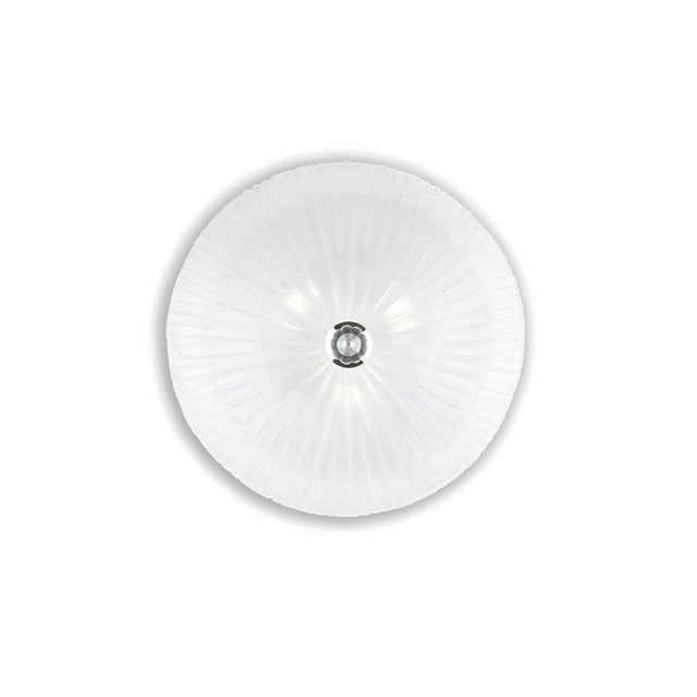 The Sapphire 3 Light Ceiling - Clear is a circular ceiling light fixture featuring a ribbed glass design complemented by chrome metal accents and a metallic central mount set against a white background.