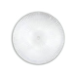 The Sapphire 6 Light Ceiling - Clear is a circular glass ceiling fixture featuring a ribbed design and chrome metal accents. It presents a frosted appearance, includes a central decorative element, and is adorned with an edge that has a delicate textured pattern, enhanced by the clarity of its sapphire-like diffuser.
