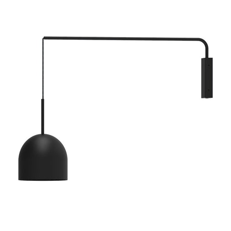 Rio Single Arm Dome Wall Light in matt black, with a slim right-angled iron arm from a rectangular back plate and a cable-hung rounded dome shade, shown on a plain white background.