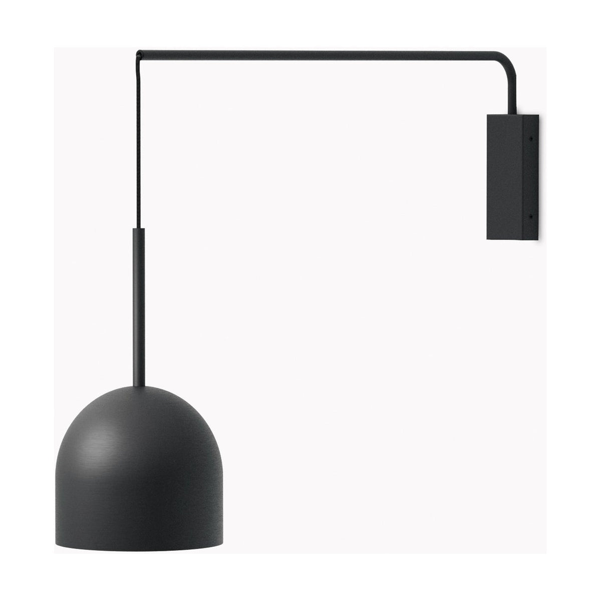 Rio Single Arm Dome Wall Light in matt black iron, with a slim right-angled arm extending from a rectangular wall plate and a cable suspending a rounded dome shade, shown on a plain white background.
