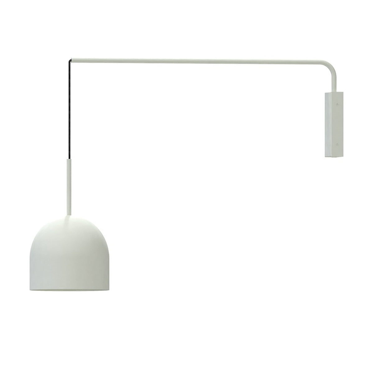 Rio Single Arm Dome Wall Light in matt white, with a slim iron wall bracket, long horizontal arm, and textile cable suspending a dome shade, shown on a plain white background.