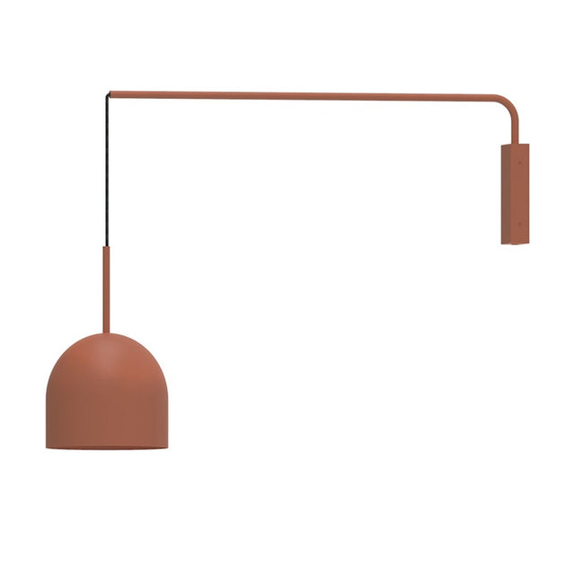 Rio Single Arm Dome Wall Light in red, featuring a slim iron arm from a rectangular backplate with a black cable dropping to a dome shade, shown on a plain white background.