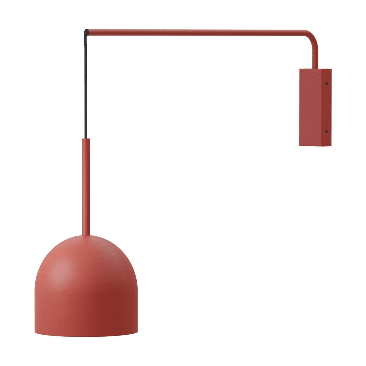 Rio Single Arm Dome Wall Light in red, featuring a slim iron arm from a rectangular backplate with a black cable leading to a dome shade on a short stem, shown on a plain white background.