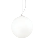 The Lyria 1 Light Glass Pendant - White, 30cm showcases a minimalist design with a sleek white glass sphere diffuser. It elegantly suspends from a slender cable, its polished surface providing a gentle, diffused illumination akin to a modern lighting orb set against a simple white background.