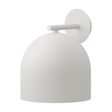 Rio Dome Wall Light in matt white, a round wall plate with straight arm holding a dome-shaped shade with downward-facing open base, iron construction, shown on a plain white background.