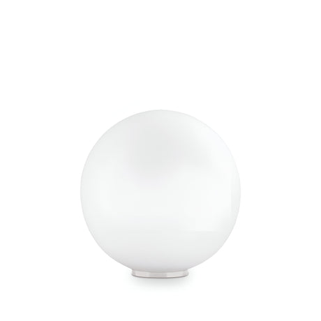 The Lyria Table Lamp - White, 30cm showcases a modern aesthetic with its sleek white glass and smooth spherical design. Its stylish form is elegantly supported by a small circular base against a simple white background, capturing the essence of minimalistic elegance.