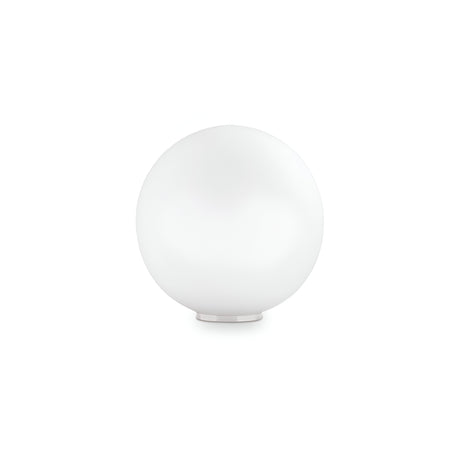 The Lyria Table Lamp - White, 20cm showcases a sophisticated white glass sphere set atop a simple round base, reflecting contemporary design against a neutral white background.