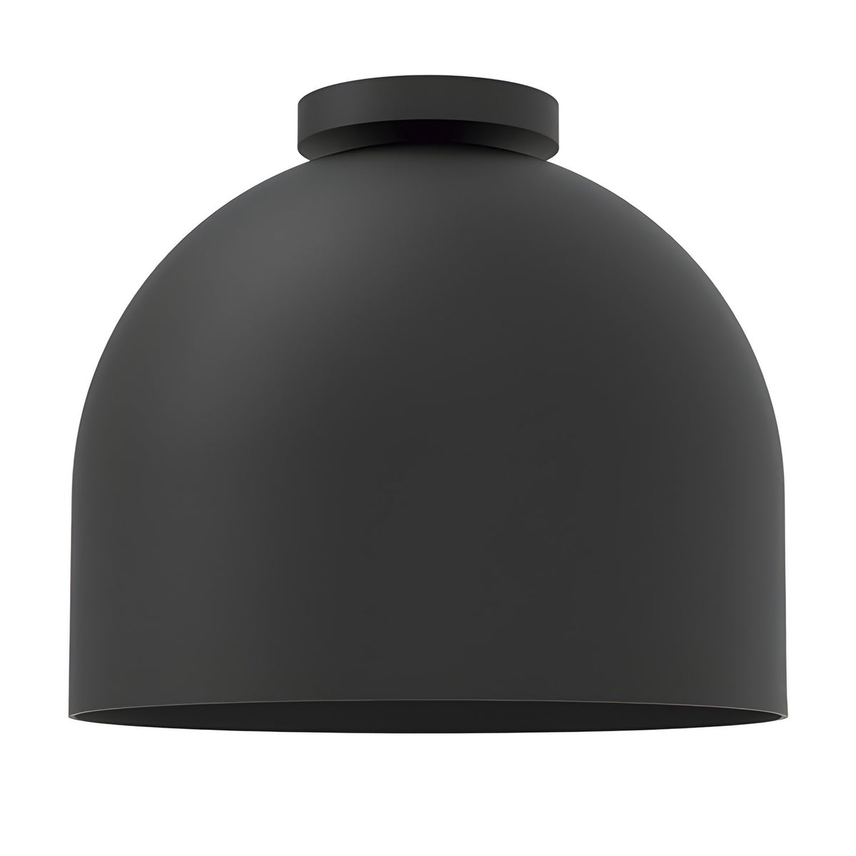 Rio Dome Flush Ceiling Light in matt black, a deep bell-shaped iron dome shade with a small round canopy, shown on a plain white background.