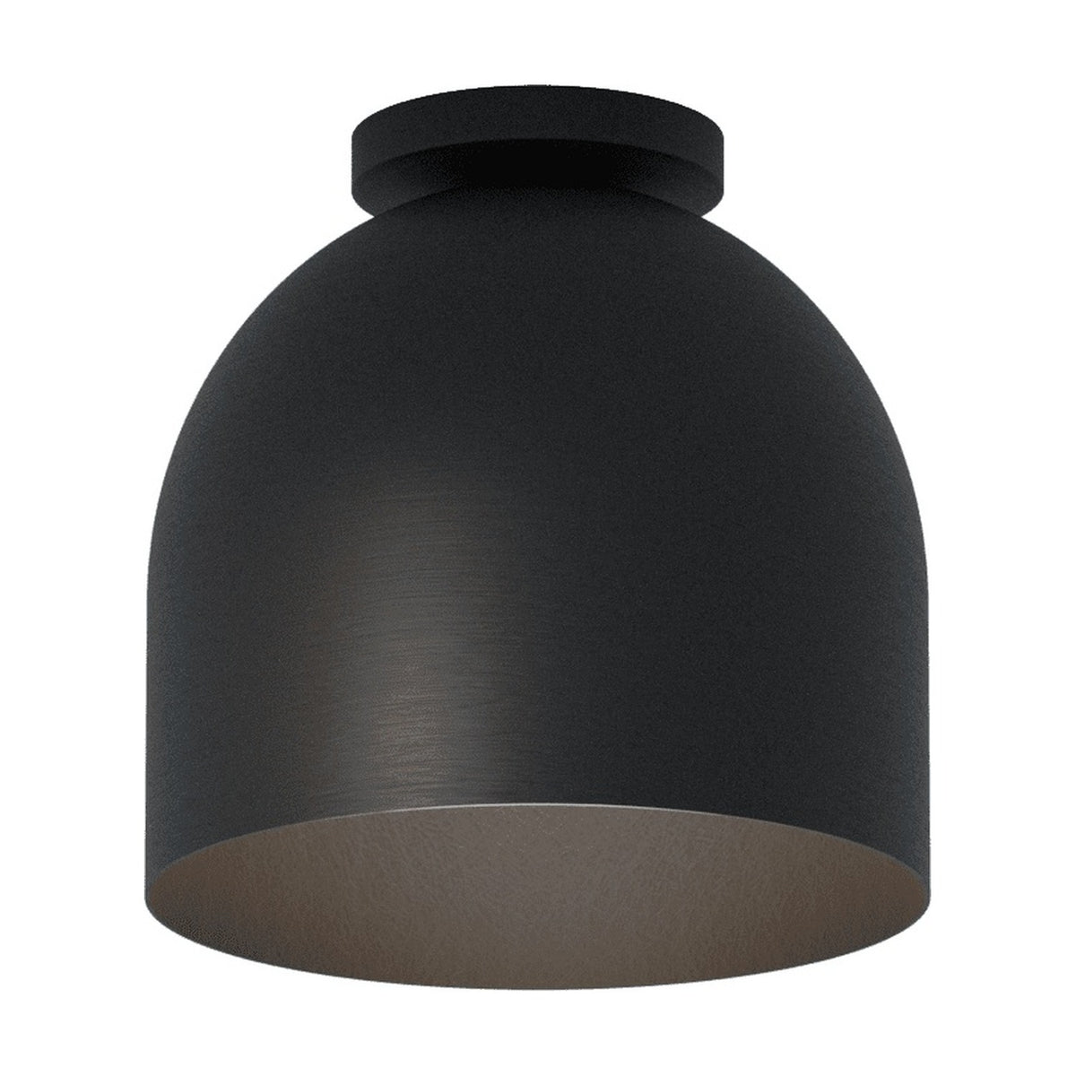 Rio Dome Flush Ceiling Light in matt black, a deep bell-shaped iron shade with small round canopy, open base revealing a dark interior, shown on a plain white background.