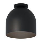 Rio Dome Flush Ceiling Light in matt black, a deep bell-shaped iron shade with small round canopy, open base revealing a dark interior, shown on a plain white background.