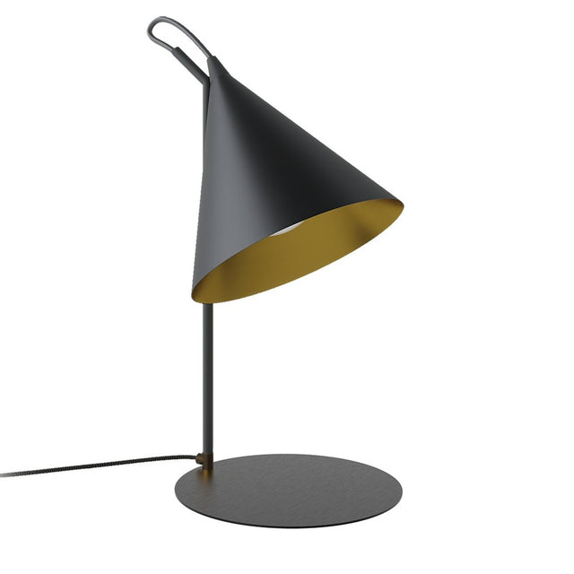 Rubi cone table lamp with matt black conical shade lined in gold, opal glass globe, slim iron stem with loop handle, and round flat base, shown on a white background.