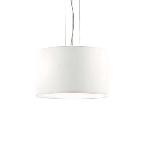 The Marquise 3 Light Pendant - White exudes modern elegance with its white cylindrical design, smooth surface, and adjustable steel cables. It hangs gracefully from its sleek white cable against a plain background.