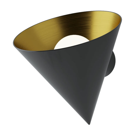Rubi Cone wall light with angled matt black iron shade, gold interior lining, and round opal glass diffuser, shown on a plain white background.