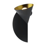 Rubi wall light with an angled matt black cone shade lined in gold over a black half-disc backplate, shown on a plain white background.