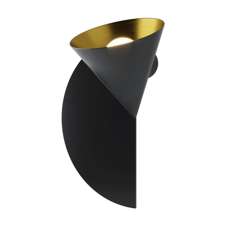 Rubi wall light with an angled matt black cone shade lined in gold over a black half-disc backplate, shown on a plain white background.