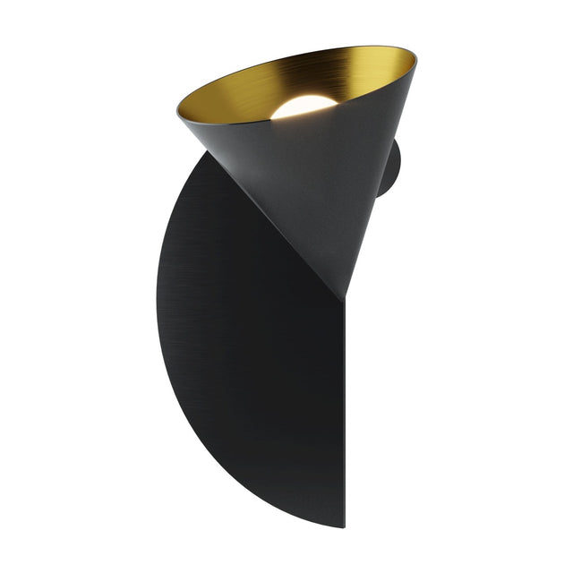 Rubi wall light with an angled matt black cone shade lined in gold over a black half-disc backplate, shown on a plain white background.