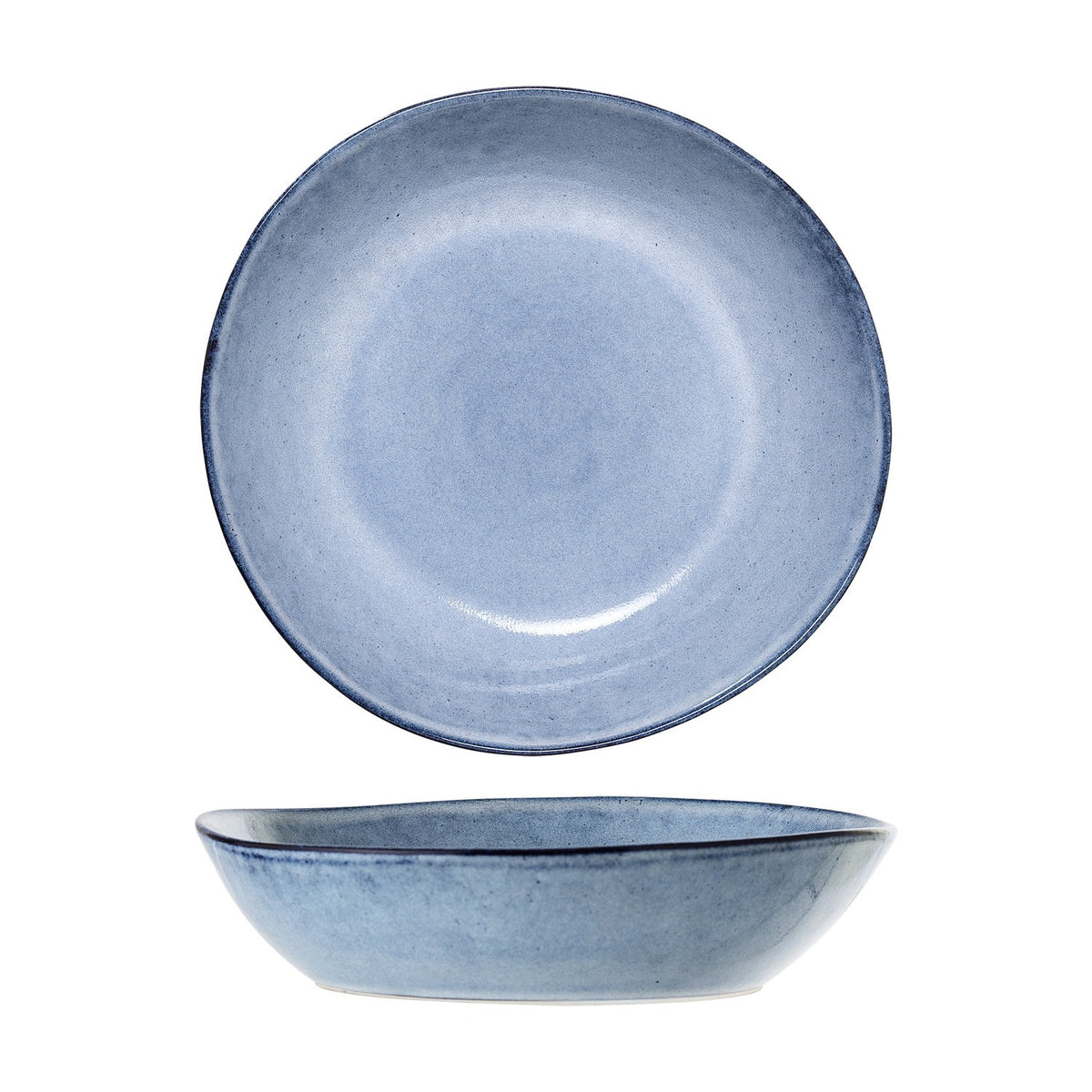 Sandrine Stoneware Deep Plate in Blue, shown top-down and in profile, with a speckled glaze lighter at the centre and a darker blue rim, on a plain white background.
