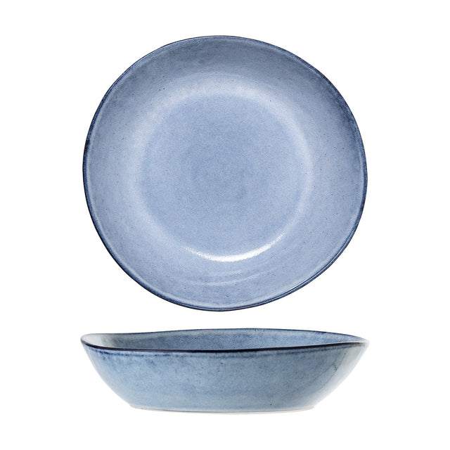 Sandrine Stoneware Deep Plate in Blue, shown top-down and in profile, with a speckled glaze lighter at the centre and a darker blue rim, on a plain white background.