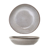 Sandrine stoneware deep plate in light grey, shown from top and side views with a speckled glaze, darker rim line, and uneven organic edge on a white background.