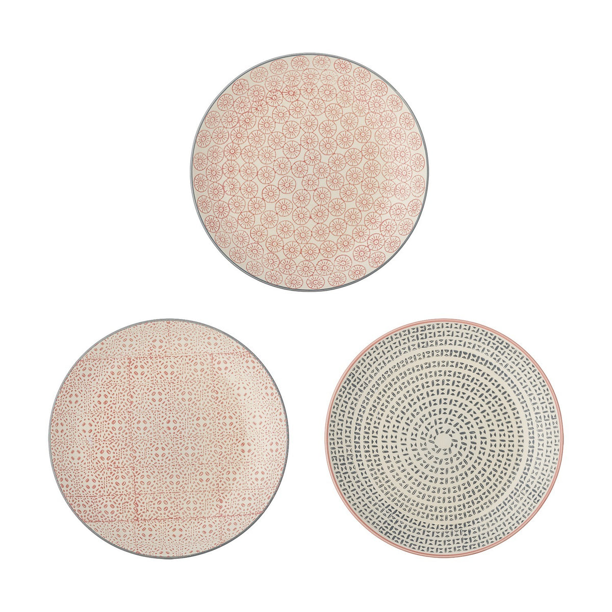 Cécile ceramic side plates in three assorted patterned designs, round 20cm plates with red, pink, and grey motifs on cream, shown on a white background.