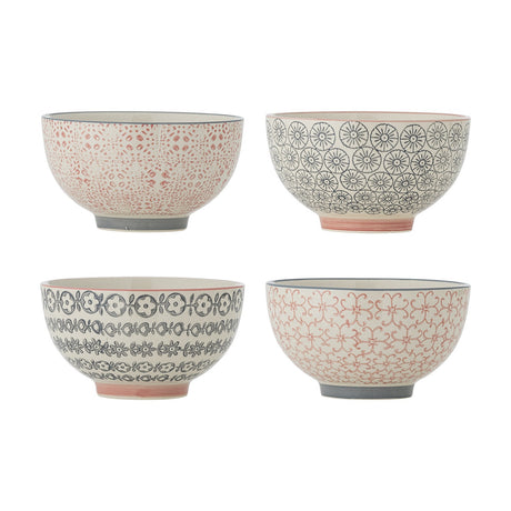 Four Cécile ceramic bowls, 13.5cm, each with a different hand-drawn pattern in pink and grey tones on a cream base, shown on a plain white background.