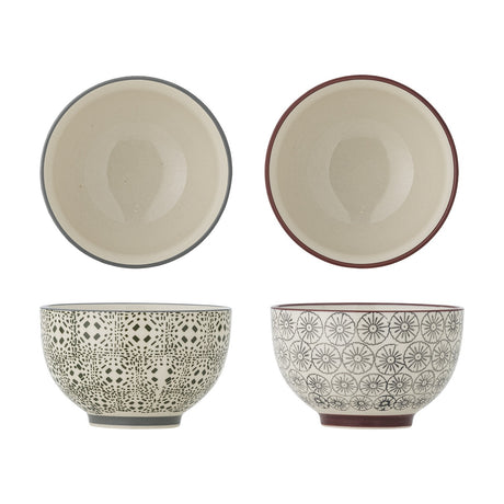 Karine 10cm ceramic bowls in assorted designs, cream glazed interiors with grey or red rim, exteriors patterned with geometric tiles or flower rosettes, shown top and side view on a white background.