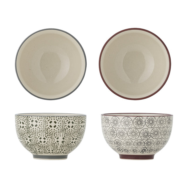 Karine 10cm ceramic bowls in assorted designs, cream glazed interiors with grey or red rim, exteriors patterned with geometric tiles or flower rosettes, shown top and side view on a white background.