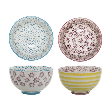 Patrizia 11.5cm ceramic bowls in assorted designs, shown with blue dot and pink floral interiors, and floral and yellow striped exteriors, on a white background.