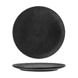 Neri Stoneware Plate in black, round side plate with fine radiating ridges and a speckled centre, shown from above and in profile on a white background.