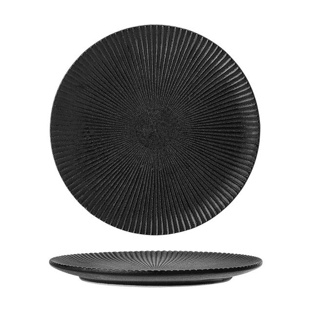 Neri Stoneware Plate in black, round side plate with fine radiating ridges and a speckled centre, shown from above and in profile on a white background.