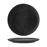 Neri Stoneware Side Plate in black, shown from above and in profile, with ribbed sunburst texture radiating from a smooth centre, on a plain white background.